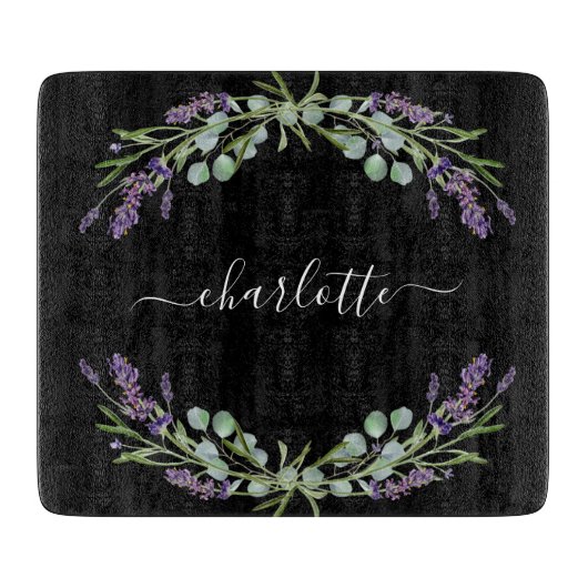 Planche À Découper Fleurs de lavande eucalyptus nom vert noir (Devant)