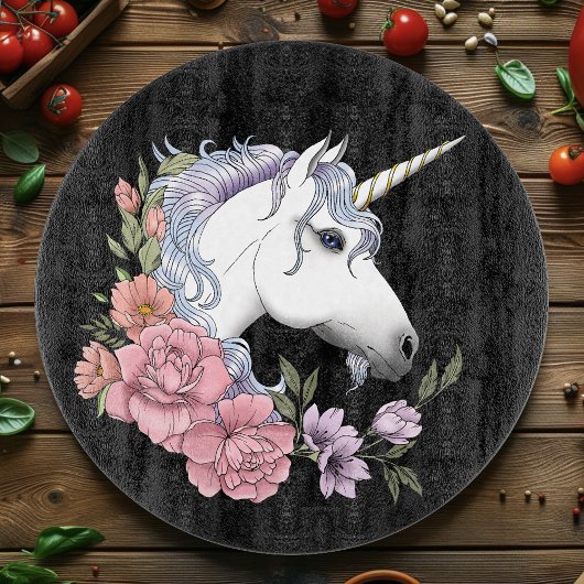 Planche À Découper Fleurs de licorne blanche enchantée rose noir