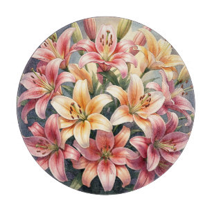 Planche À Découper Fleurs de lys vibrantes rose orange blanc aquarell