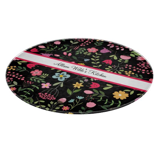 Planche À Découper Fleurs de printemps sur fond noir Personnalisé (Coin)