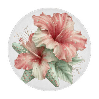 PLANCHE À DÉCOUPER FLEURS D'HIBISCUS ROUGE ET VERT D'ÉTÉ
