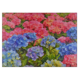 Planche À Découper Fleurs d'Hydrange Colorées Art Floral Verre