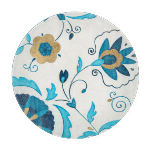 Planche À Découper Fleurs dorées d'indigo avec l'arrière - plan bla