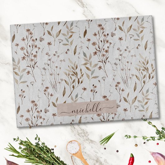 Planche À Découper Fleurs et feuilles délicates à l'aquarelle Monogra
