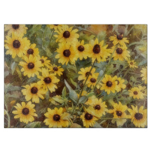 Planche À Découper Fleurs jaunes aquarelle de style vintage sur verre