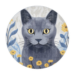 Planche À Découper Fleurs Jaunes Chat Bleu Russe