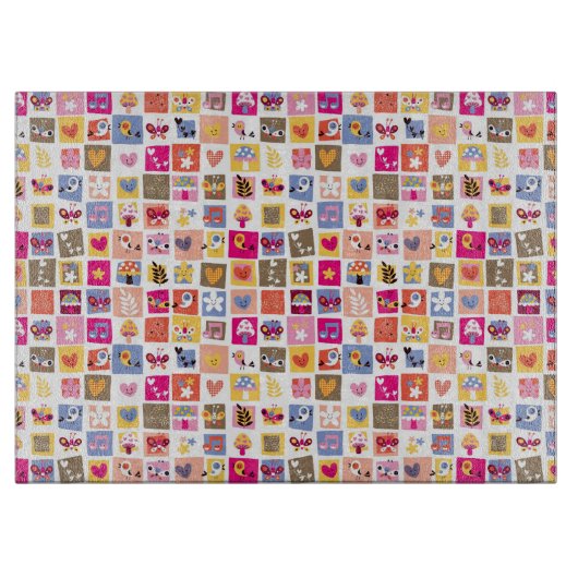 Planche À Découper fleurs mignonnes, oiseaux, motif de carrés de (Devant)