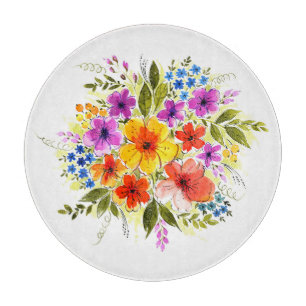 Planche À Découper Fleurs peintes à la main, bouquet aquarelle clair.