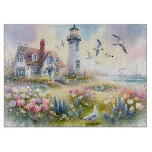 Planche À Découper Fleurs printanières près d'un cottage côtier et d'