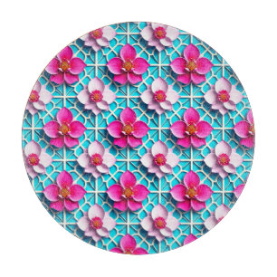Planche À Découper Fleurs roses sur fond bleu géométrique