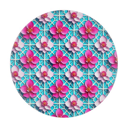 Planche À Découper Fleurs roses sur fond bleu géométrique (Devant)