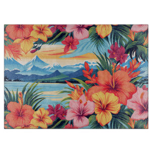 Planche À Découper Fleurs tropicales colorées et paysage