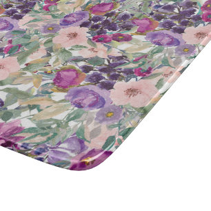 Planche À Découper Fleurs violettes roses et bleues Feuilles verts Sa