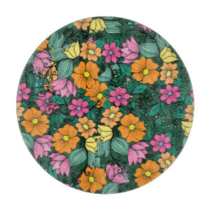 Planche À Découper Floral vibrant : Vert Arrière - plan Vintage.