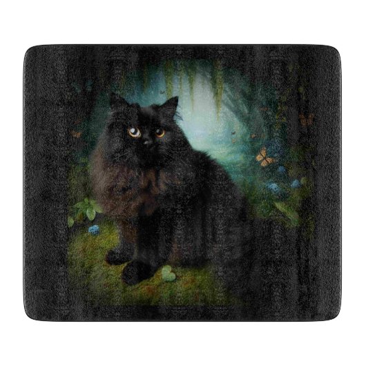 Planche À Découper Fluffy Chat noir en Misty Woods (Devant)