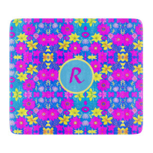 Planche À Découper Fond à motif de fleurs rose bleu jaune ajouter nom