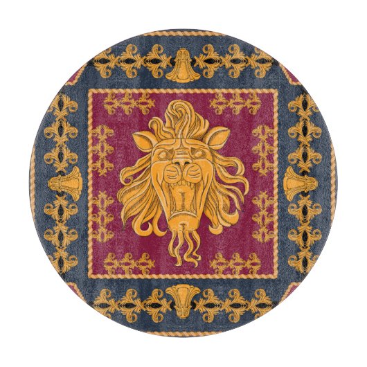 Planche À Découper Foulard à tête de lion : motif doré. (Devant)