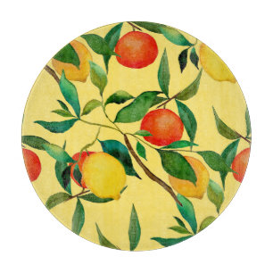 Planche À Découper Fruits d'agrumes, motif d'aquarelle vibrante.