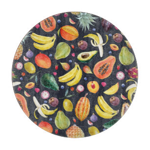 Planche À Découper Fruits tropicaux : Aquarelle Motif Multifruit.