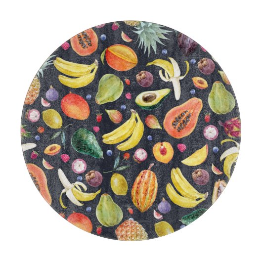 Planche À Découper Fruits tropicaux : Aquarelle Motif Multifruit. (Devant)