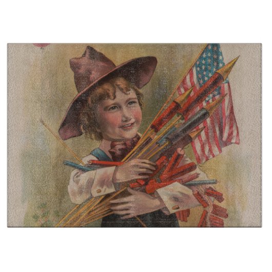 Planche À Découper Garçon avec Feux d'Artifice, Drapeau Américain, Im (Devant)