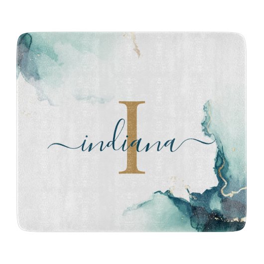Planche À Découper Garde de luxe à monogramme moderne en agate script (Devant)