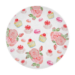 Planche À Découper Gâteaux sucrés et roses en aquarelle