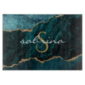 Planche À Découper Géode d'agate bleu sarcelle or monogramme (Devant)