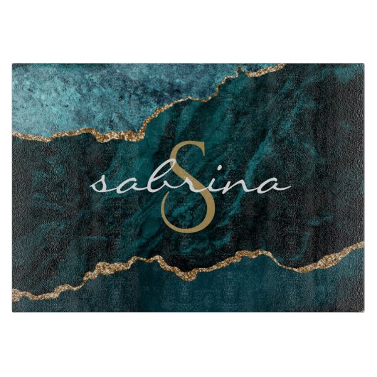 Planche À Découper Géode d'âge d'or bleu Turquoise Monogramme (Devant)