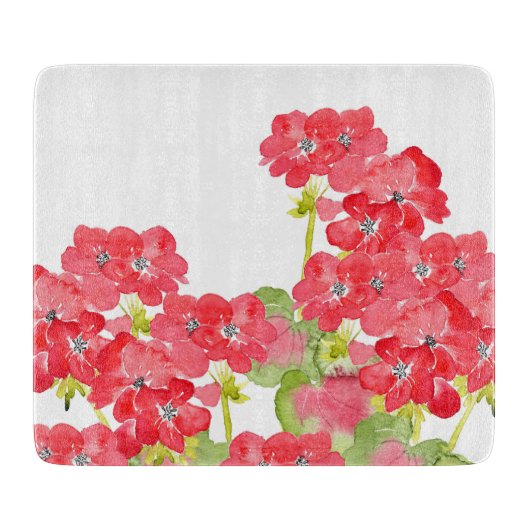 Planche À Découper Geraniums d'aquarelles rouges (Devant)