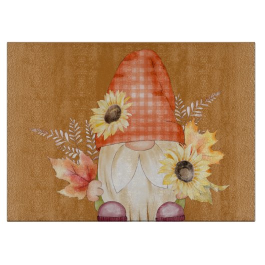 Planche À Découper Gnome D'Automne Avec Fleurs De Soleil (Devant)