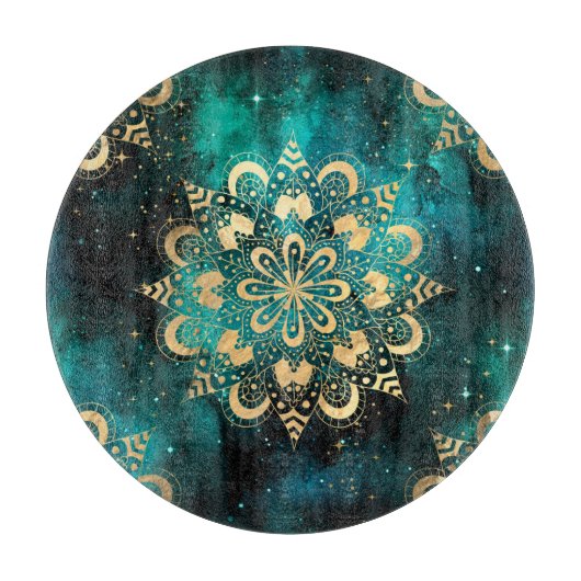 Planche À Découper Gold & Green Galaxy Dharma Mandala Motif (Devant)