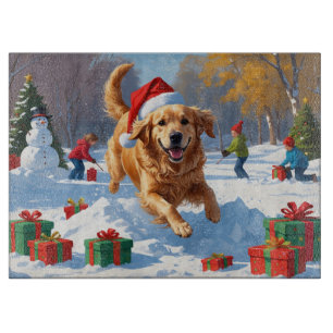 Planche À Découper Golden Retriever dans la neige avec un chapeau de 