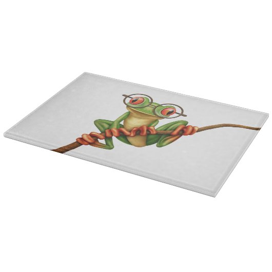 Planche À Découper Grenouille d'arbre verte mignonne avec des verres (Coin)