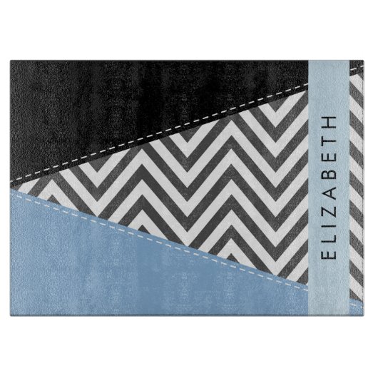 Planche À Découper Grey Zigzag, Grey Chevron, Bleu, Votre Nom (Devant)