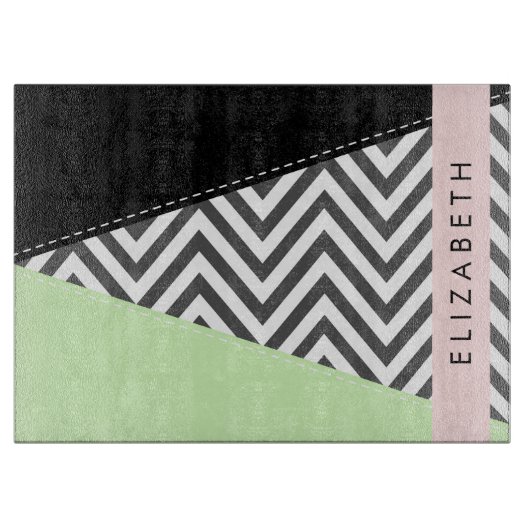 Planche À Découper Grey Zigzag, Grey Chevron, Mint, Votre Nom (Devant)