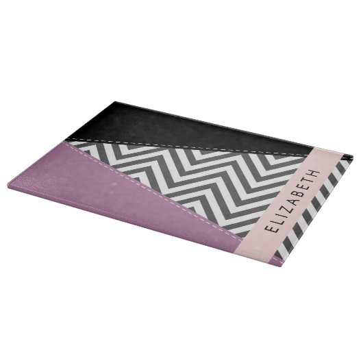 Planche À Découper Grey Zigzag, Grey Chevron, Purple, Votre Nom (Coin)