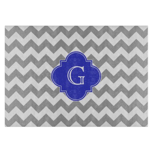 Planche À Découper Gris Blanc Chevron Bleu Cobalt Quatrefoil Monogram (Devant)