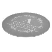 Planche À Découper Gris Blanc Couronne Nom de famille Monogramme (Coin)