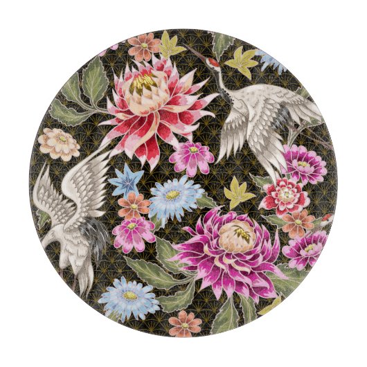 Planche À Découper Grues Asters : Peint Style Japonais sans Seamless (Devant)