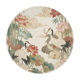 Planche À Découper Grues élégants Lotus Bambou Scène orientale