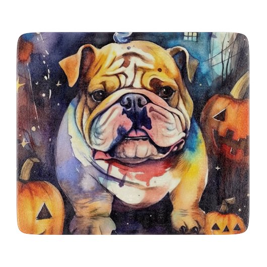 Planche À Découper Halloween Bulldog avec la peur Citrouille (Devant)