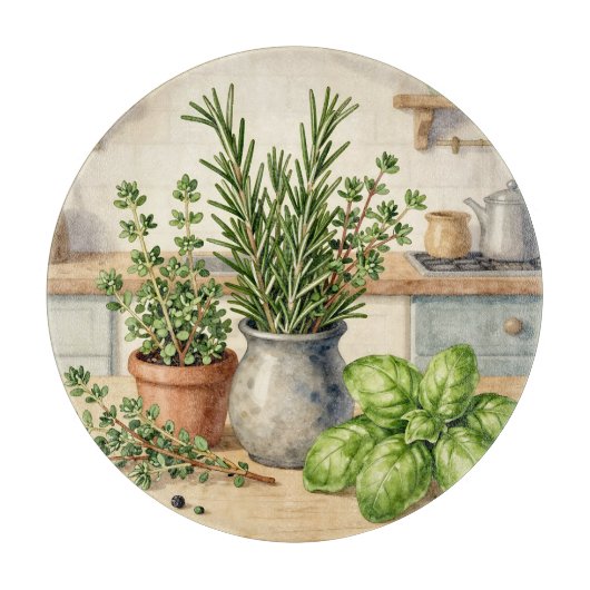 Planche À Découper Herbes fraîches de cuisine aquarelle (Devant)