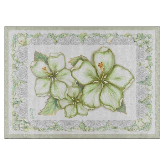 Planche À Découper Hibiscus & dentelle BLANC (Devant)