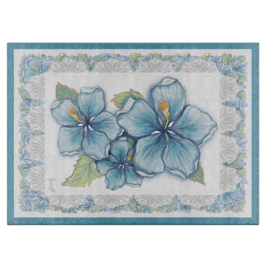 Planche À Découper Hibiscus & dentelle TURQUOISE (Devant)