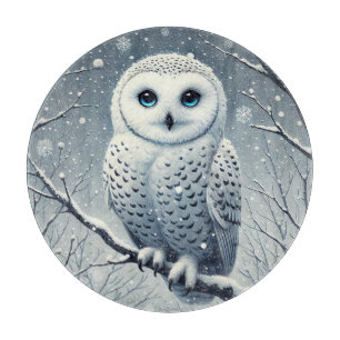 Planche À Découper Hibou des neiges perché sur une branche d'hiver