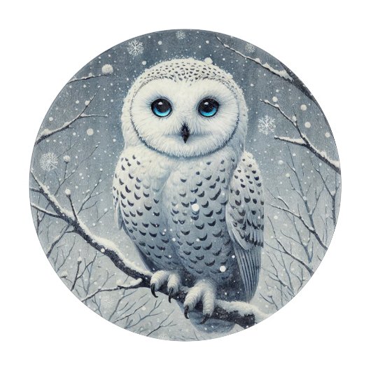 Planche À Découper Hibou des neiges perché sur une branche enneigée (Devant)