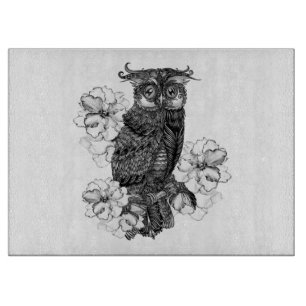 Planche À Découper Hibou Gris Orchidées Blanches