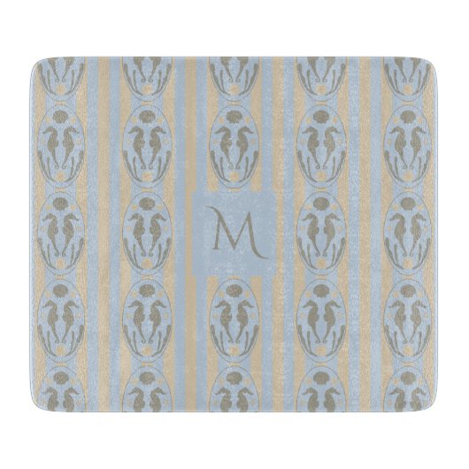 Planche À Découper Hippocampe côtier Cameo bleu crème rayé Monogramme (Devant)