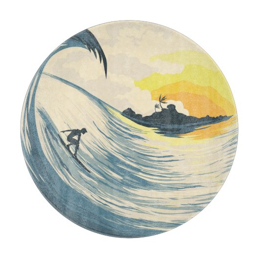 Planche À Découper Île tropicale, vague, coucher de soleil de surfer. (Devant)